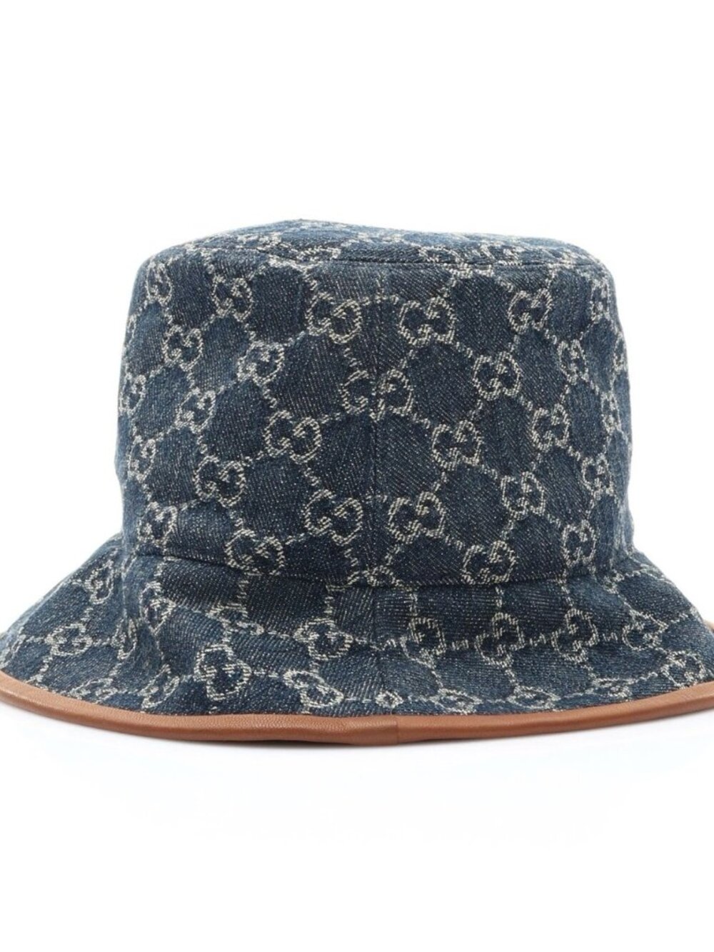 Gucci Monogram Logo Denim Bucket Hat Leather Trim Blue/Beige Size Small
